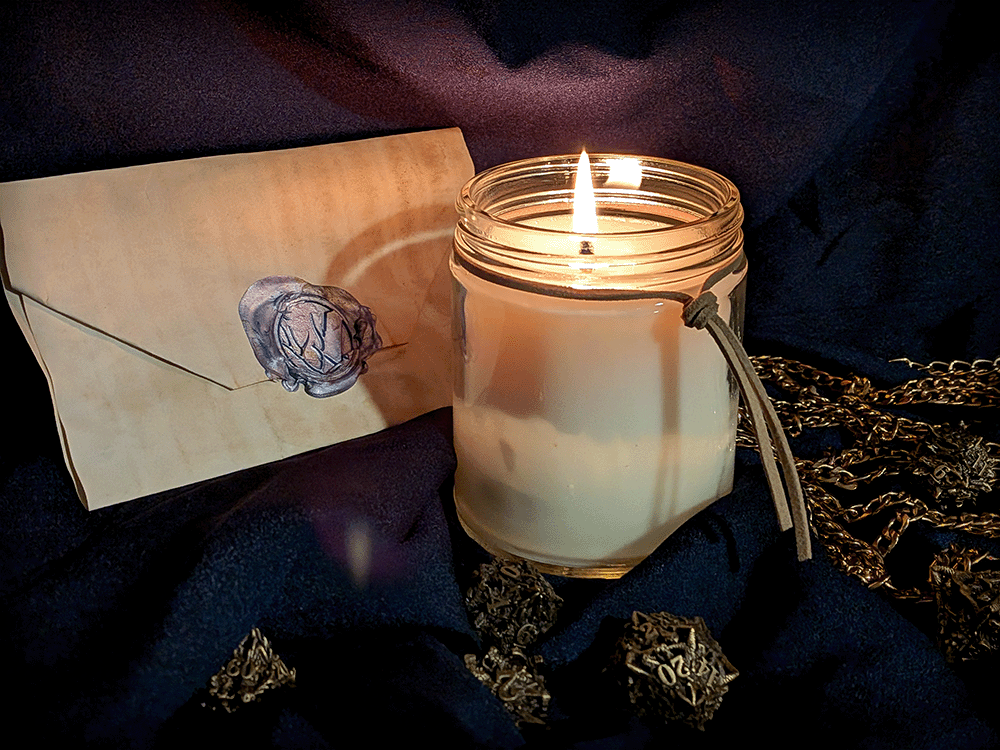 Candle in a glass jar with a wax seal and chain on a dark fabric background